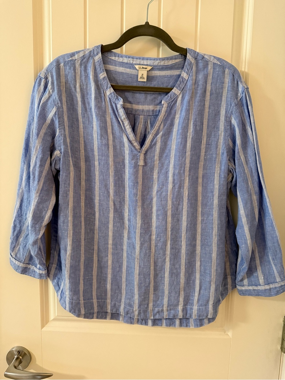 L.L. Bean Blue and White Striped V‑Neck Linen Tunic